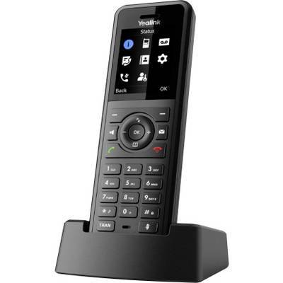 Ein schwarzes Yealink-Schnurlostelefon auf seiner Ladestation, ausgestattet mit einem digitalen Display und einer Tastatur mit Navigationstasten.