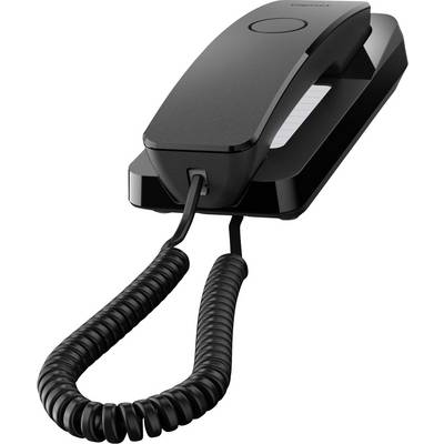 Ein schwarzes, schnurgebundenes Schnurtelefon mit angebrachtem Hörer und gewelltem Kabel, das an der Basis angeschlossen ist und auf einer ebenen Fläche ruht.