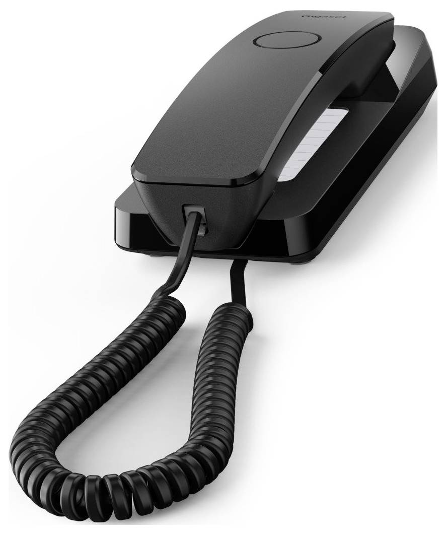 Ein schwarzes schnurgebundenes Telefon mit Spiralleitung auf weißem Hintergrund mit minimalistischem Design.