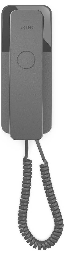 Ein schwarzes wandmontiertes schnurgebundenes Telefon mit einer Spiralschnur, das eine einzelne sichtbare Taste aufweist und oben mit "Gigaset" gekennzeichnet ist.