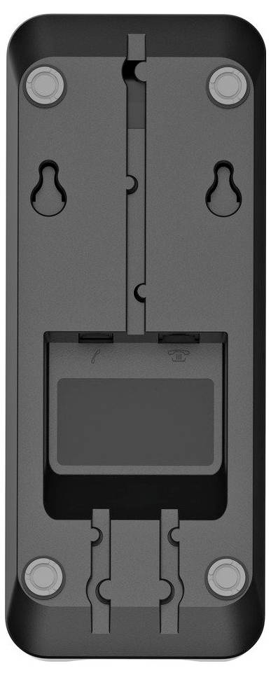 'Schwarzes rechteckiges elektronisches Gerät mit vier Eckschrauben, zwei Schlüssellochaufhängungen und einem großen zentralen vertieften Bereich.'