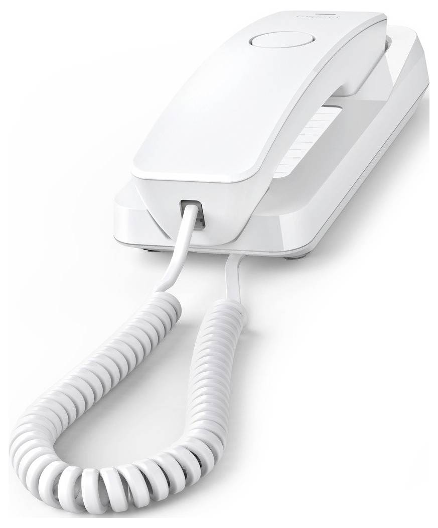 Ein weißes schnurgebundenes Telefon mit dem auf der Basis abgelegten Hörer, ausgestattet mit einem Spiralverbindungskabel.