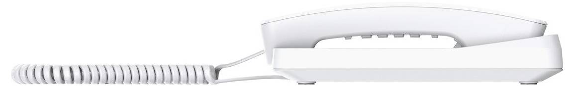 Ein weißes schnurgebundenes Festnetztelefon mit Spiralkabel, von der Seite betrachtet.