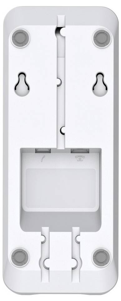 Rückansicht eines weißen wandmontierten Gerätehalters mit Schraubelöchern und Aussparungen für Kabel.