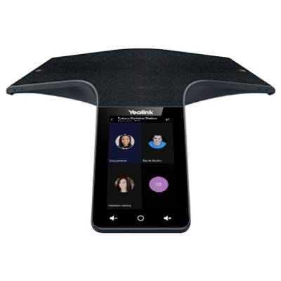 Yealink-Konferenztelefon mit schwarzem Bildschirm, das vier Symbole von Teilnehmern anzeigt und Optionen zum Anzeigen von Details und zum Tätigen eines Konferenzanrufs bietet.