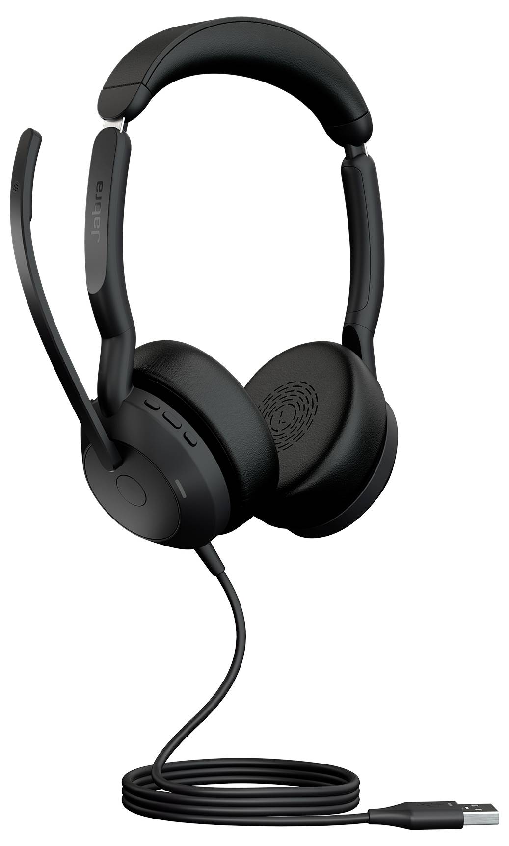 Schwarze Over-Ear-Kopfhörer mit angebautem Mikrofon und USB-Verbindungskabel, entwickelt für professionelle Audio- oder Kommunikationsanwendungen.