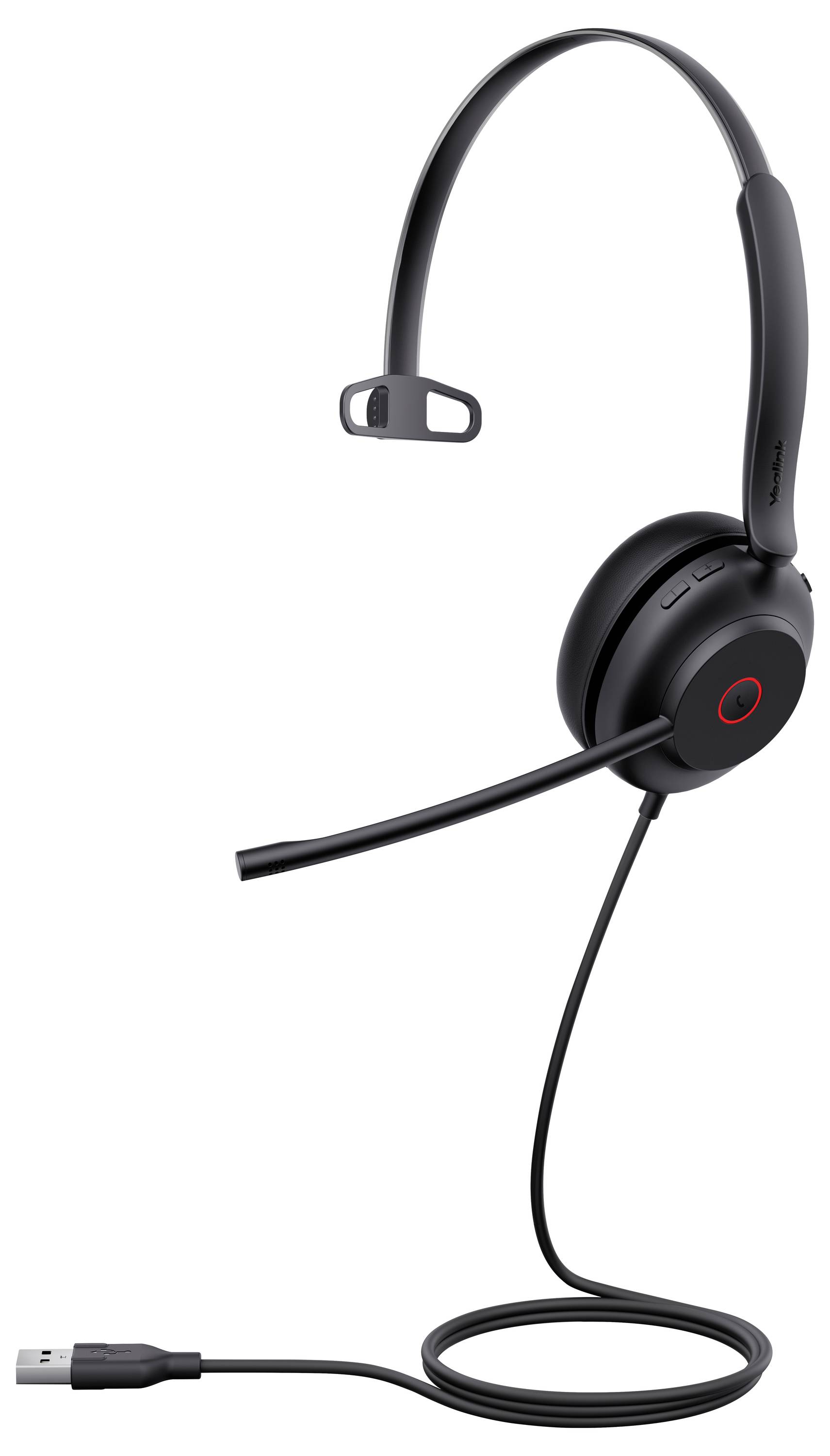 Ein elegantes schwarzes Einseitenkopfhörer-Headset mit Mikrofon und USB-Anschluss, geeignet für die Computernutzung.
