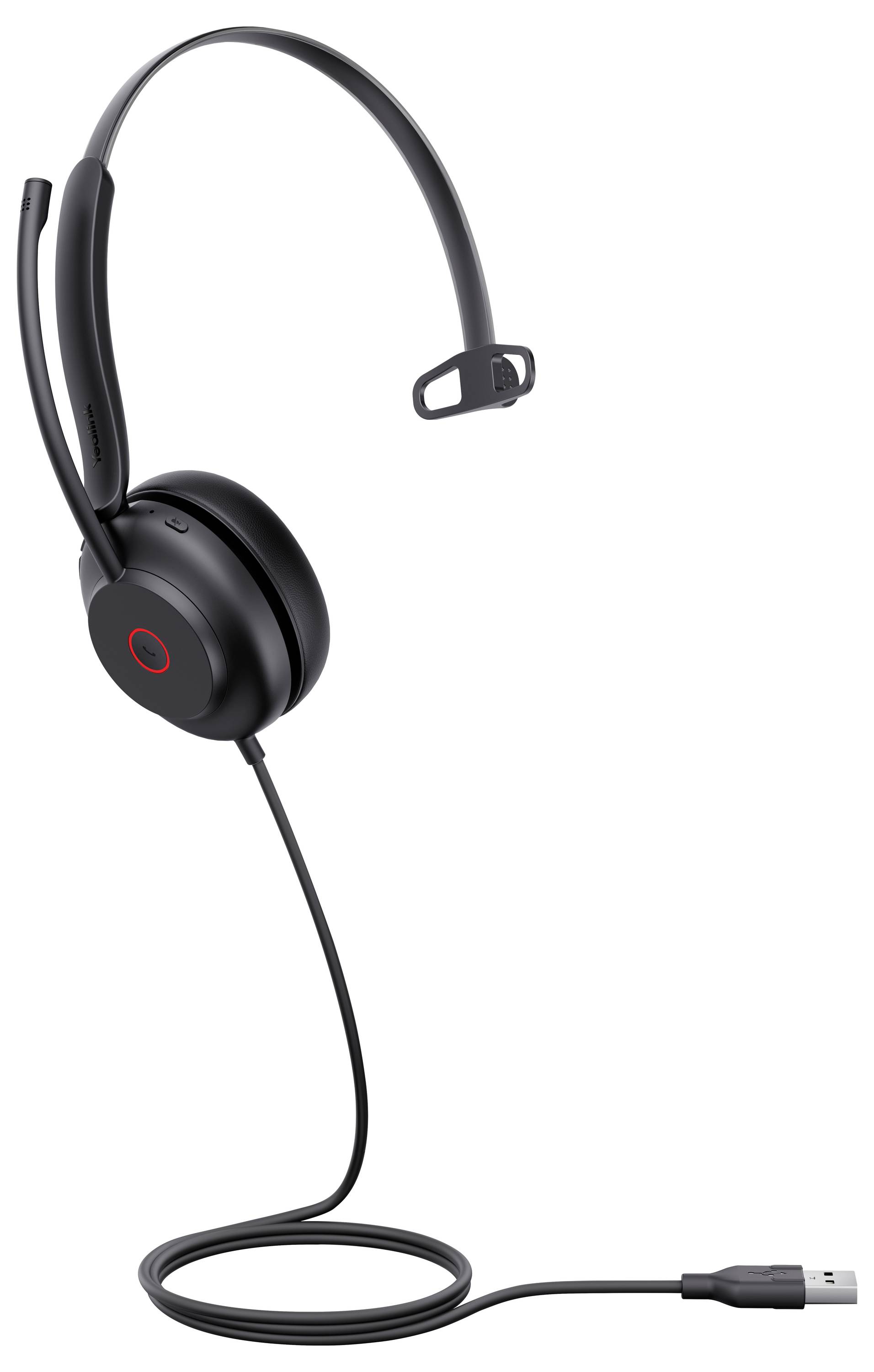 Kopfhörer mit einzelnem Ohr und Mikrofon sowie USB-Kabel für Computerverbindung, mit schwarzer Oberfläche und leichtem Design.