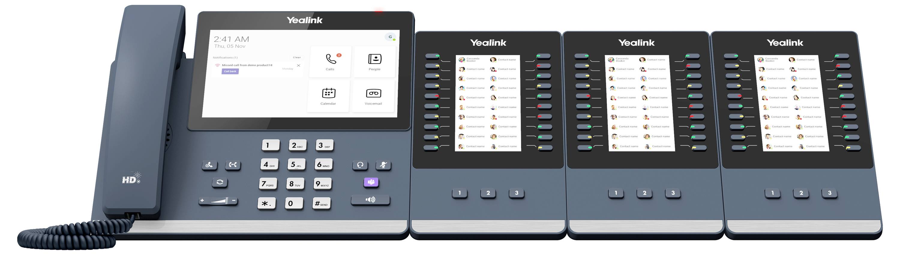 Yealink Bürotelefon mit großem Display, das die Uhrzeit „2:41 Uhr" und die Benutzeroberfläche anzeigt, zusammen mit drei Seitenpanelen mit Kontaktlisten.