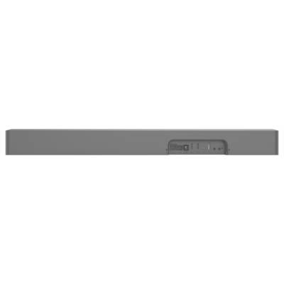 'Rückansicht einer grauen Soundbar mit Anschlussanschlüssen einschließlich HDMI, USB und Stromversorgung.'