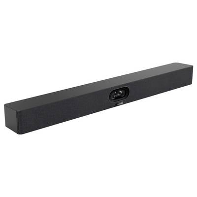 Eine elegante schwarze Soundbar mit einer zentralen Kamera und einem Mikrofon, mit der Aufschrift „PHILIPS" auf der Vorderseite, entwickelt zur Verbesserung von audiovisuellen Erlebnissen.