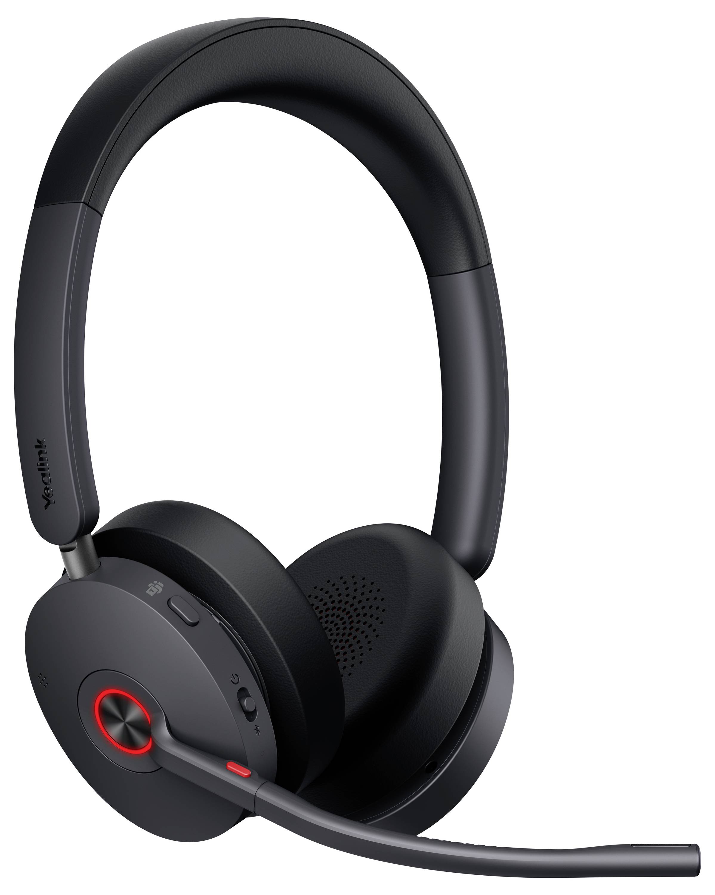 Schwarzes Over-Ear-Wireless-Headset mit Mikrofonarm und Steuertasten an der Ohrmuschel, geeignet für professionelle Nutzung oder Gaming.