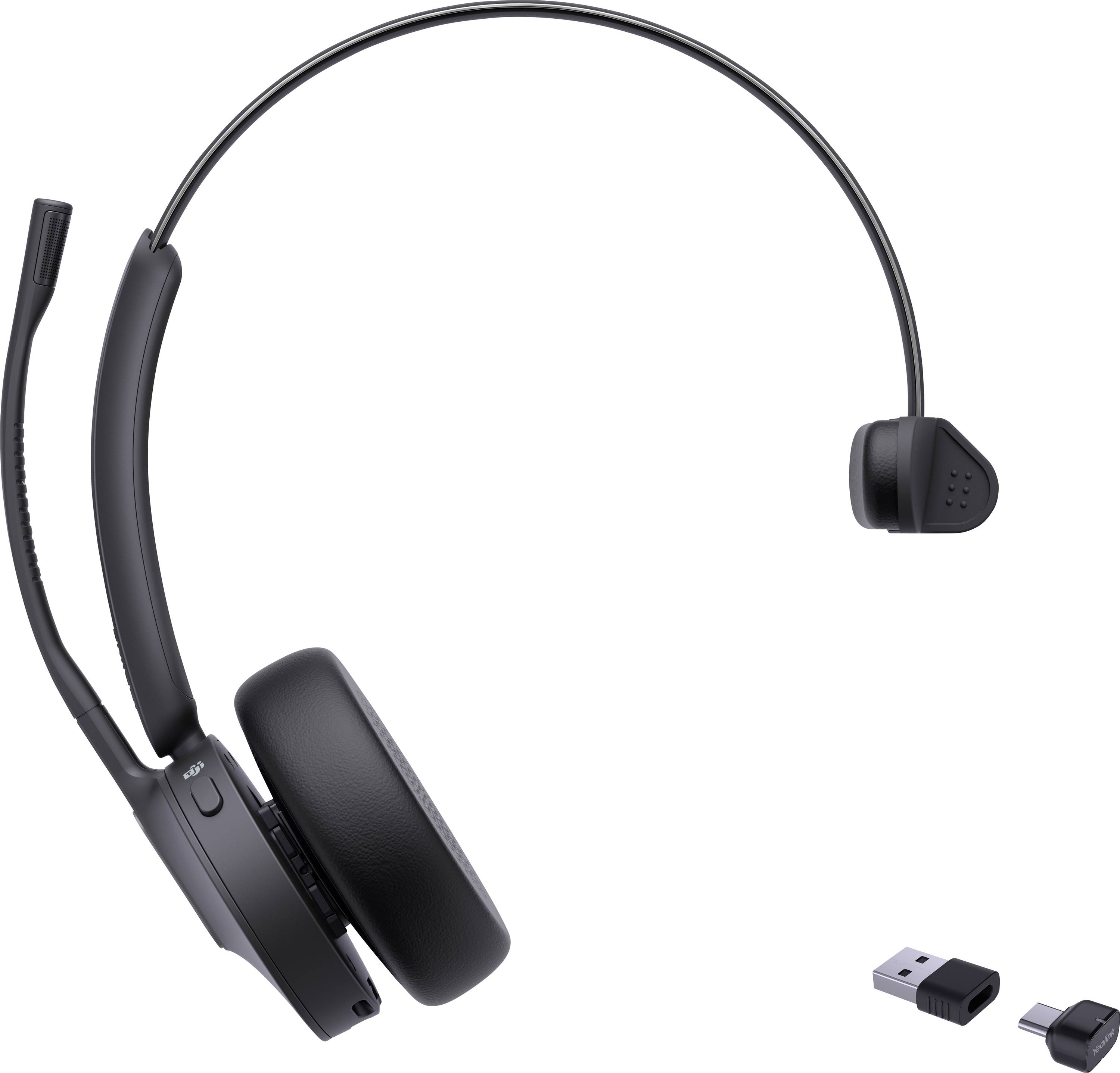 Ein schwarzes kabelloses Headset mit Mikrofon und USB-Dongle, entwickelt für freihändige Audiokommunikation und Konnektivität.