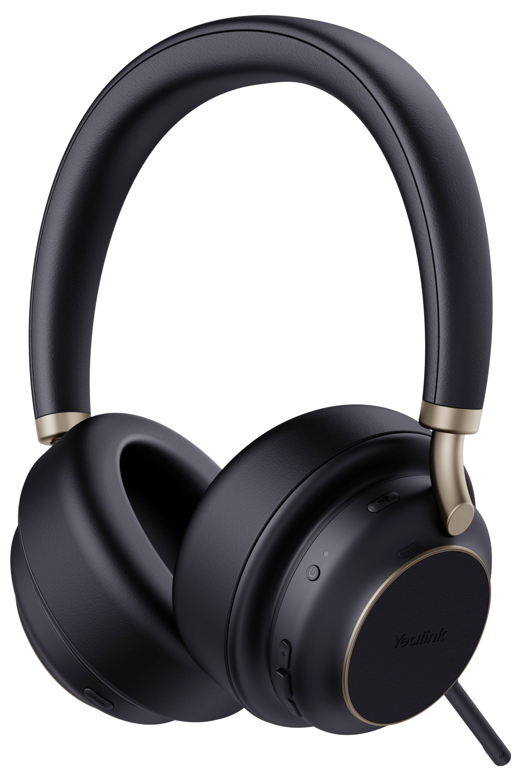 Schwarze Over-Ear-Kopfhörer mit goldenen Akzenten, mit gepolsterten Ohrmuscheln und verstellbarem Kopfbügel, vor weißem Hintergrund dargestellt.