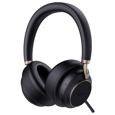 Schwarze Over-Ear-Kopfhörer mit goldenen Akzenten, mit gepolsterten Ohrmuscheln und verstellbarem Kopfbügel, vor weißem Hintergrund dargestellt.
