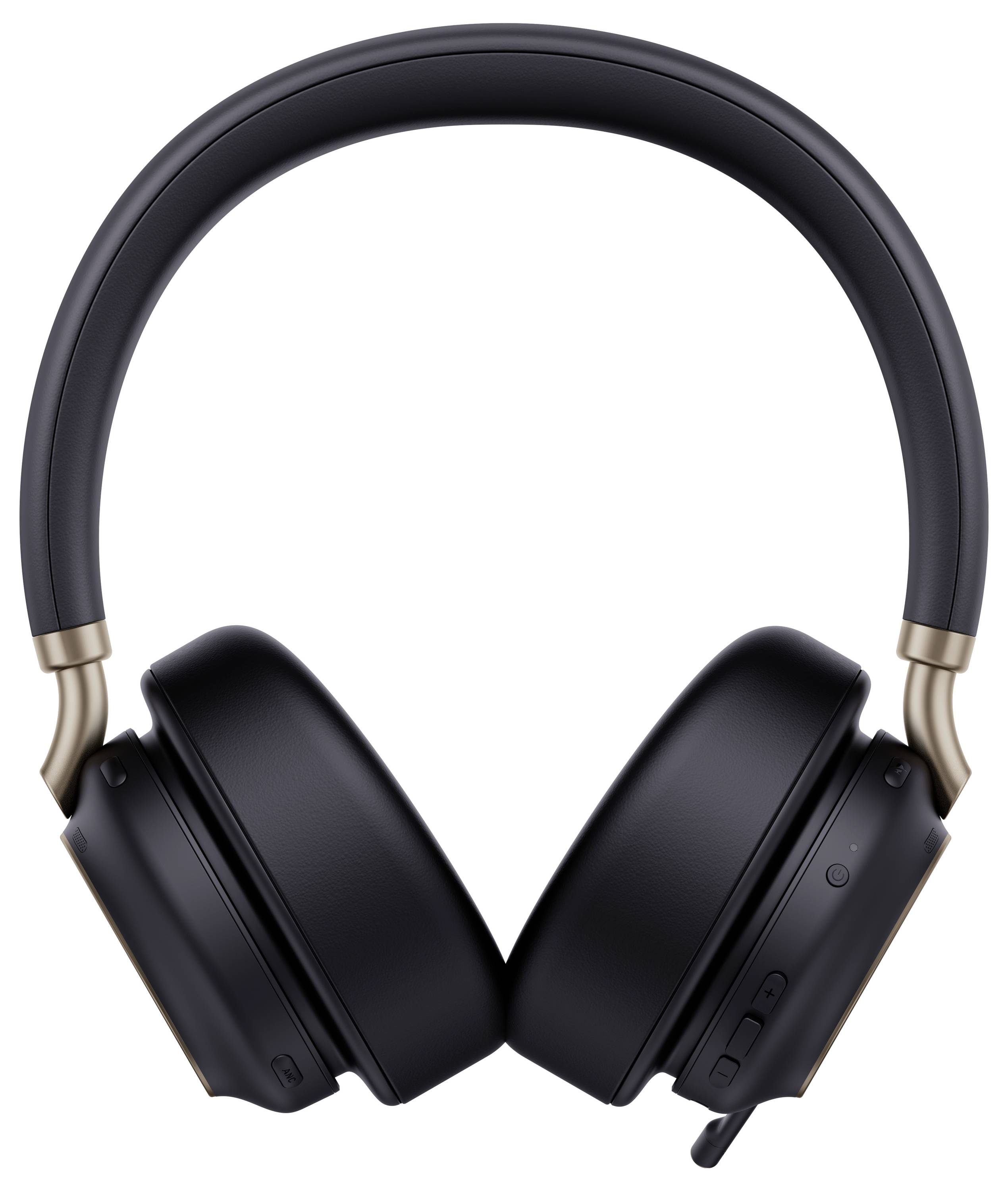 Ein schwarzes kabelloses Headset mit langem Mikrofonarm und verstellbarem Over-Ear-Bügel-Design, das Lautstärkeregelungstasten zeigt.