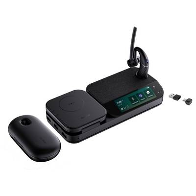 Eine elegante schwarze elektronische Ladestation mit einem kabellosen Ohrhörer, einer Maus, einem Ladepad und USB-Anschlüssen, die digitale Uhrzeit und Einstellungen anzeigt.