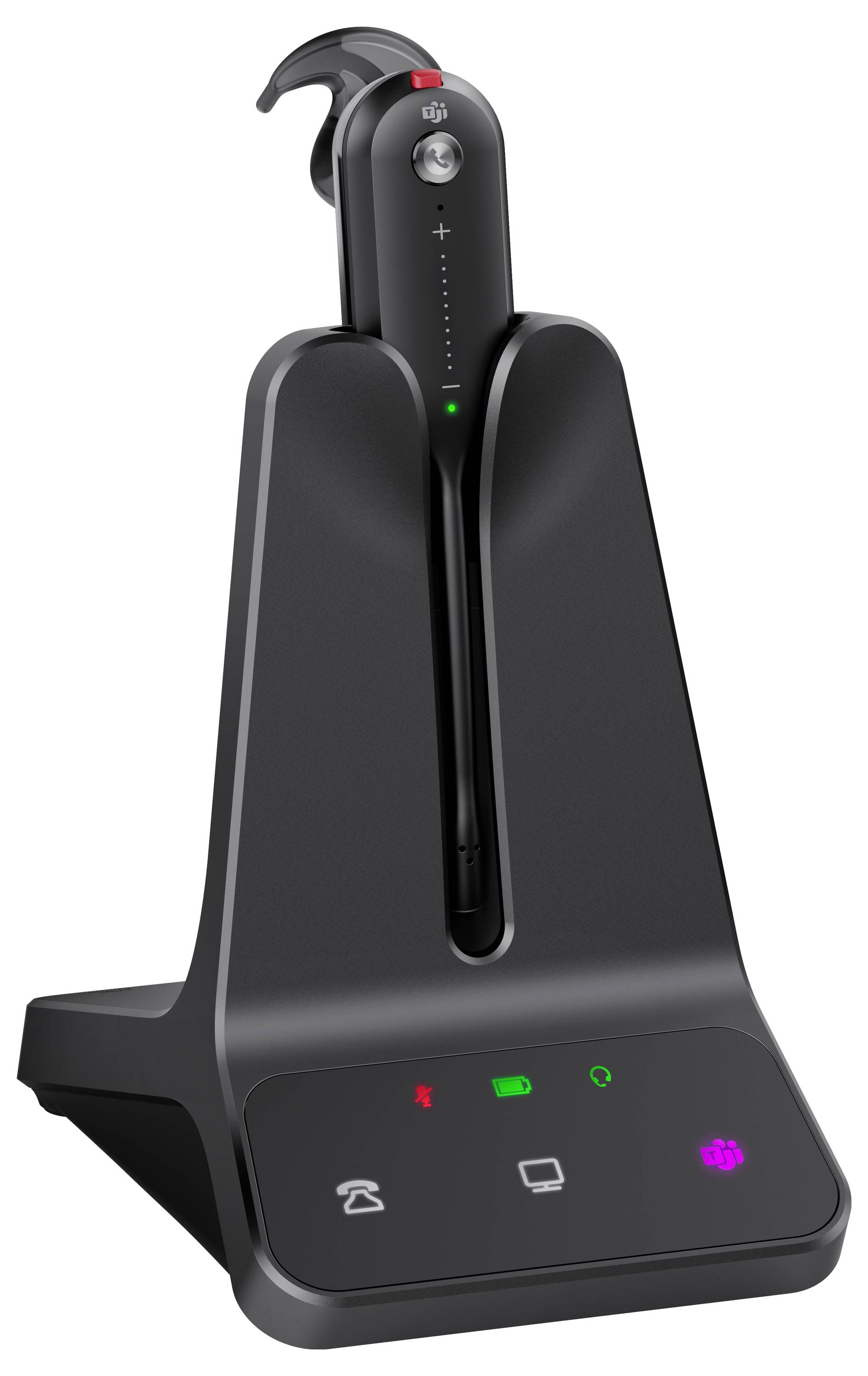 Ein eleganter schwarzer kabelloses Headset mit Mikrofon ruht auf seiner Ladestation. Die Basis zeigt Symbole für Telefon, Computer und Batteriestatus an.