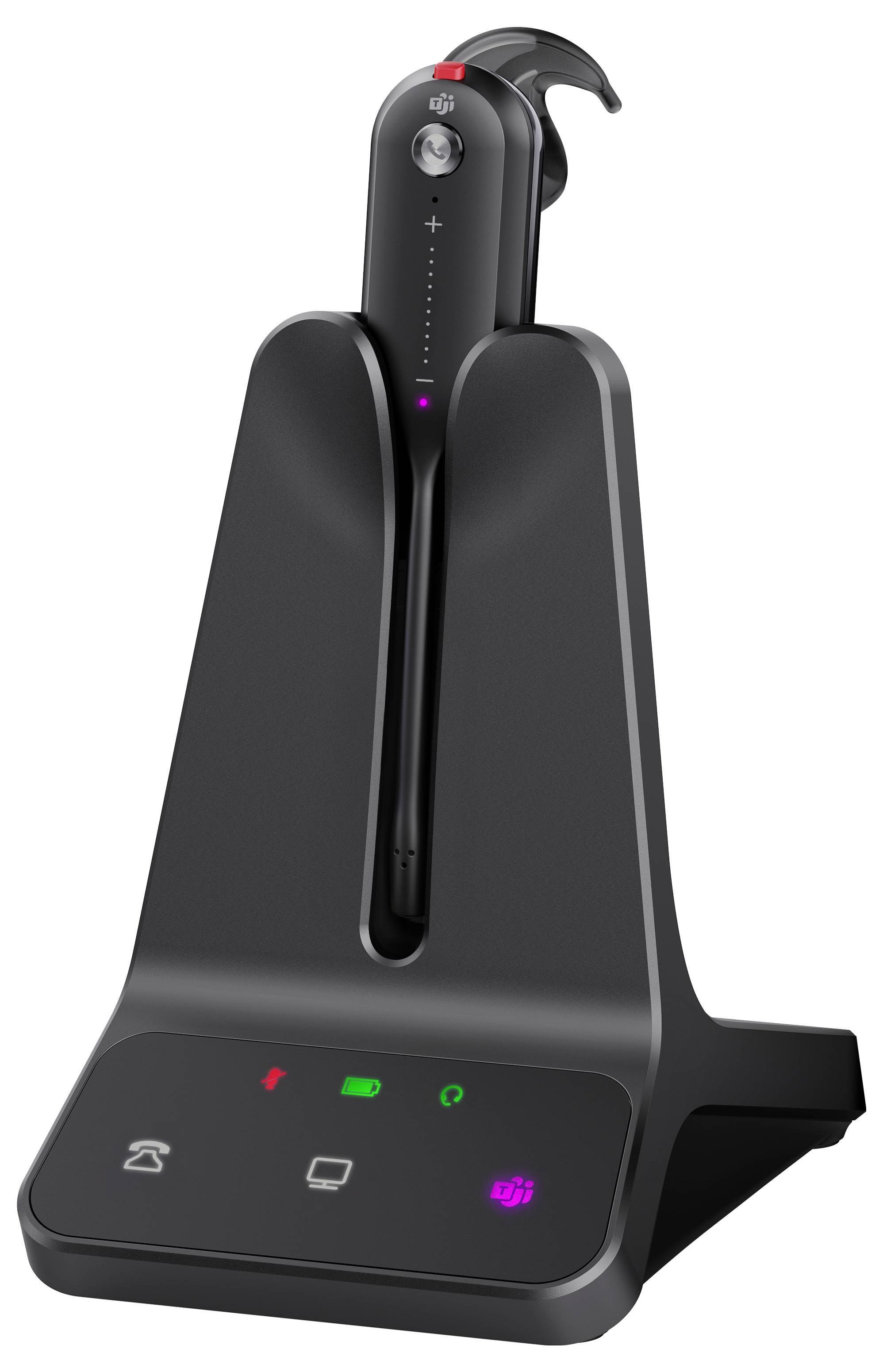 Ein schwarzes kabelloses Headset mit Ladestation. Die Station hat Anruftasten und Anzeigen für Stromversorgung und Konnektivität.