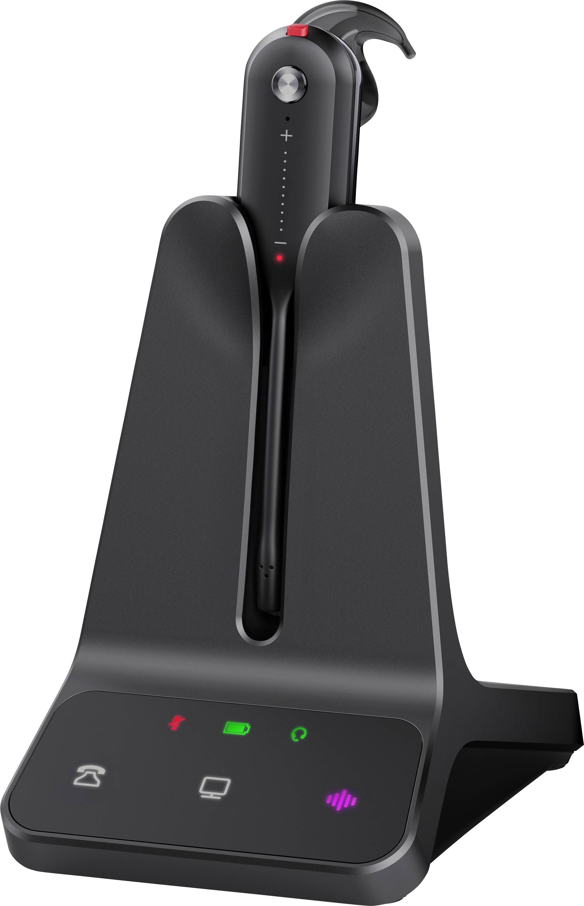 Ein schwarzes kabelloses Headset, das auf seiner Ladestation ruht. LED-Anzeigen zeigen Konnektivität und Batterieladezustand an.