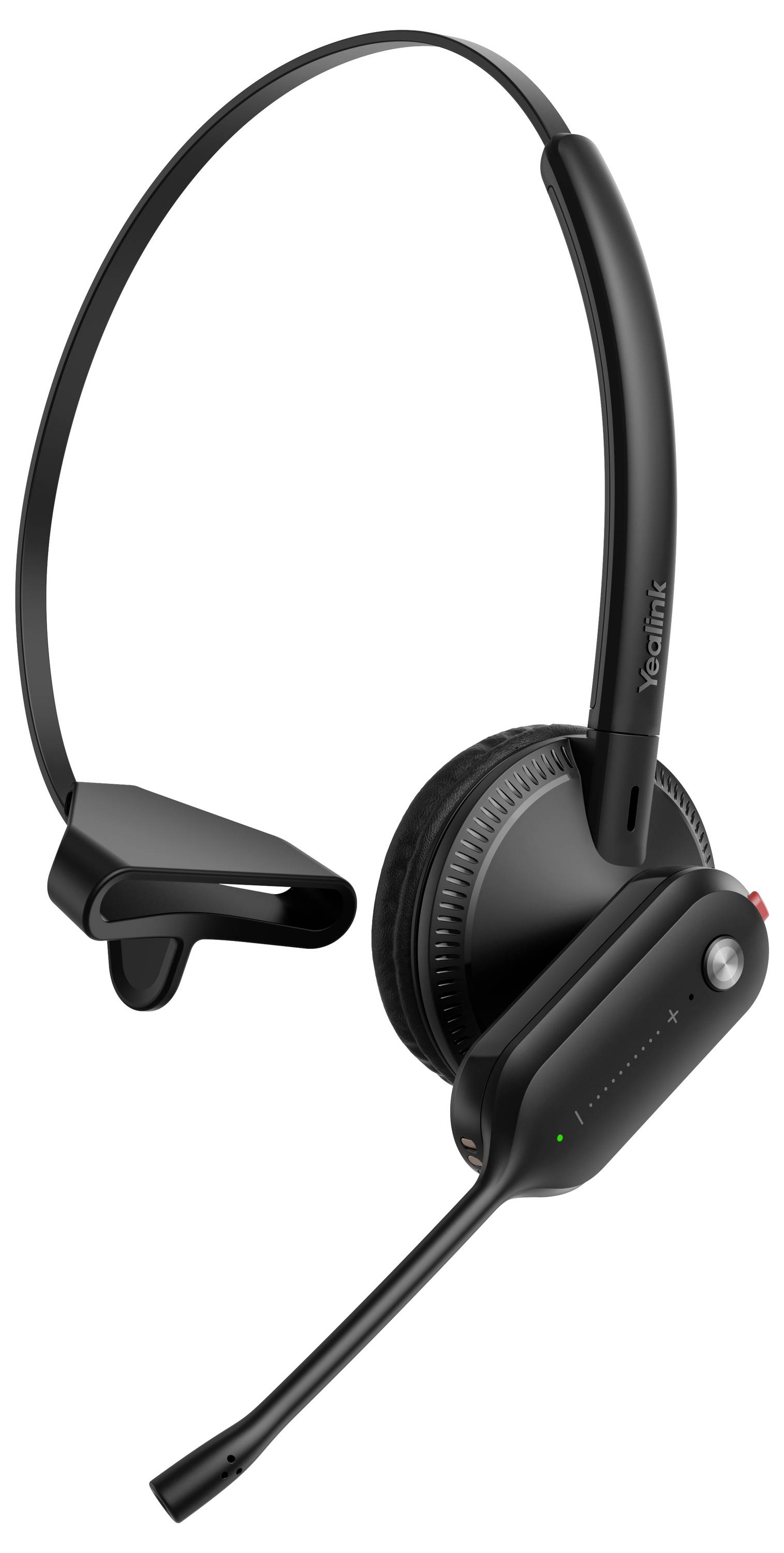 Ein schwarzes kabelloses Headset mit einem einzelnen Ohrhörer, Kopfbügel und Mikrofongalgen.