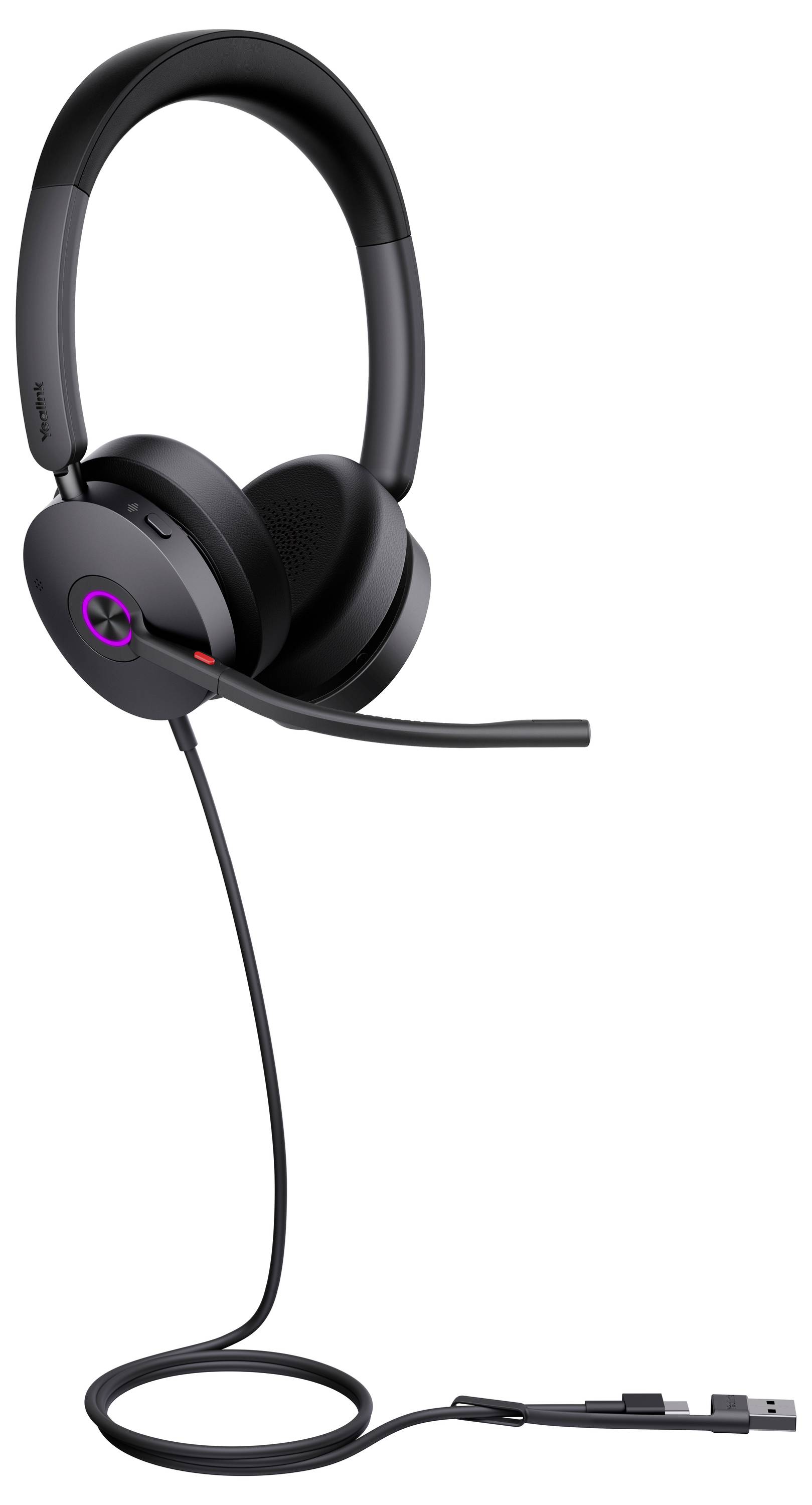 Ein schwarzes Over-Ear-Headset mit Mikrofon und Inline-Bedienungselementen, mit einer violetten Leuchte auf der Ohrmuschel, entwickelt für die Bürokommunikation.