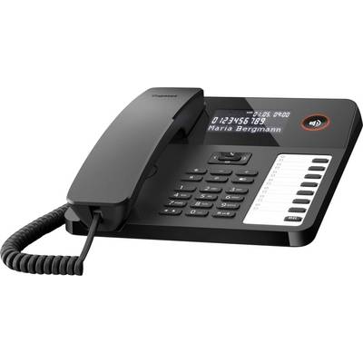 Ein schwarzes Bürotischtelefon mit digitaler Anzeige, die das Datum, die Uhrzeit und die Anrufer-ID „0123456789 Maria Bergmann" anzeigt.