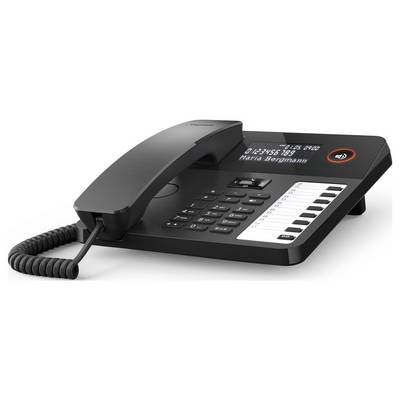 Ein schwarzes Büro-Festnetztelefon mit numerischer Tastatur, digitales Display zeigt eine Telefonnummer und einen Kontaktnamen an, und Spiralschnur.