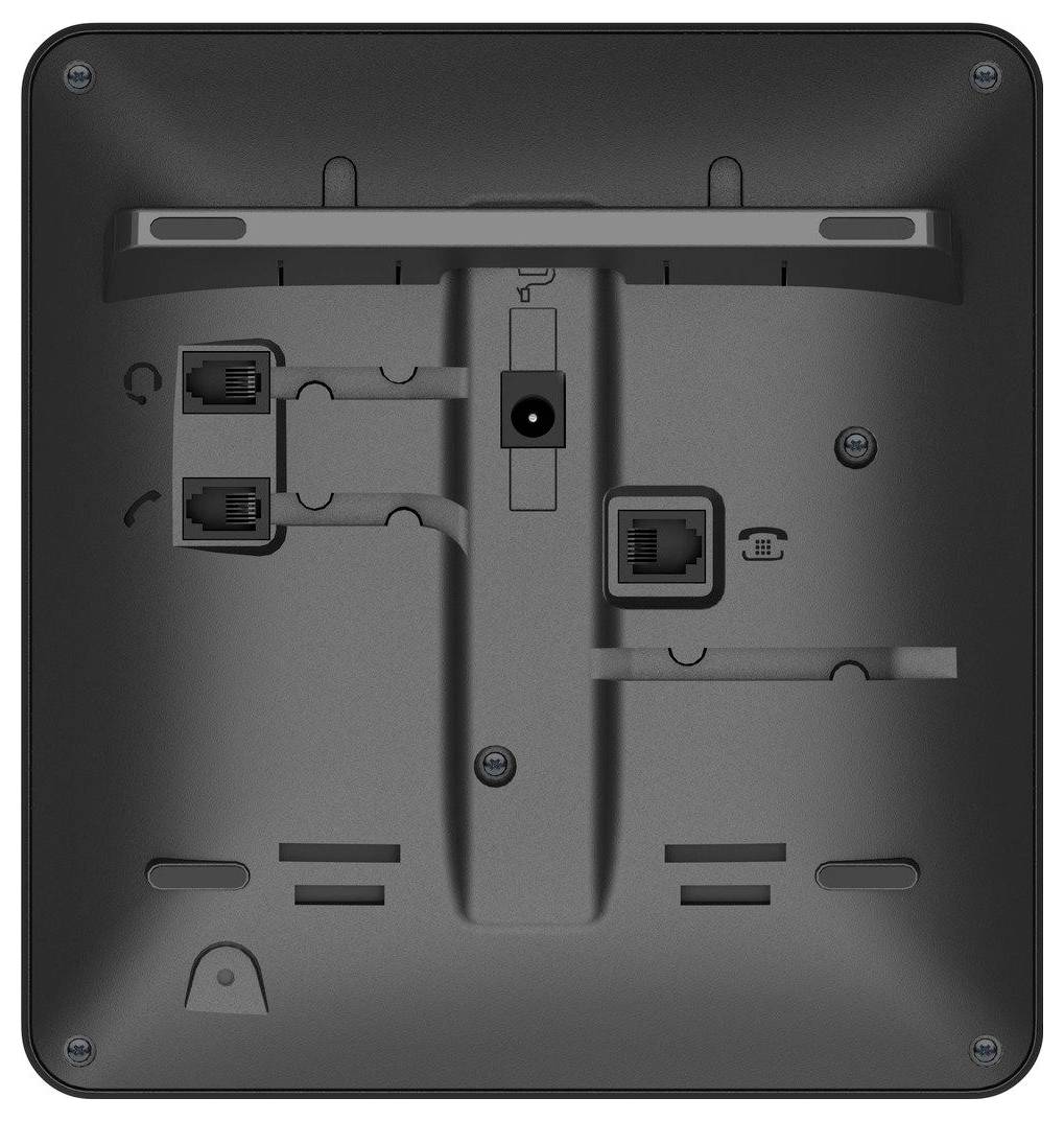 Rückansicht eines wandmontierten Geräts mit zwei Ethernet-Anschlüssen, einem Stromeingang und Belüftungsschlitzen.