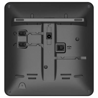 Rückansicht eines wandmontierten Geräts mit zwei Ethernet-Anschlüssen, einem Stromeingang und Belüftungsschlitzen.