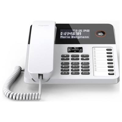 Ein schnurgebundenes Bürotelefon mit digitaler Anzeige, die "0123456789 Maria Bergmann" zeigt, eine Tastatur und eine Lautstärkeregelungstaste.