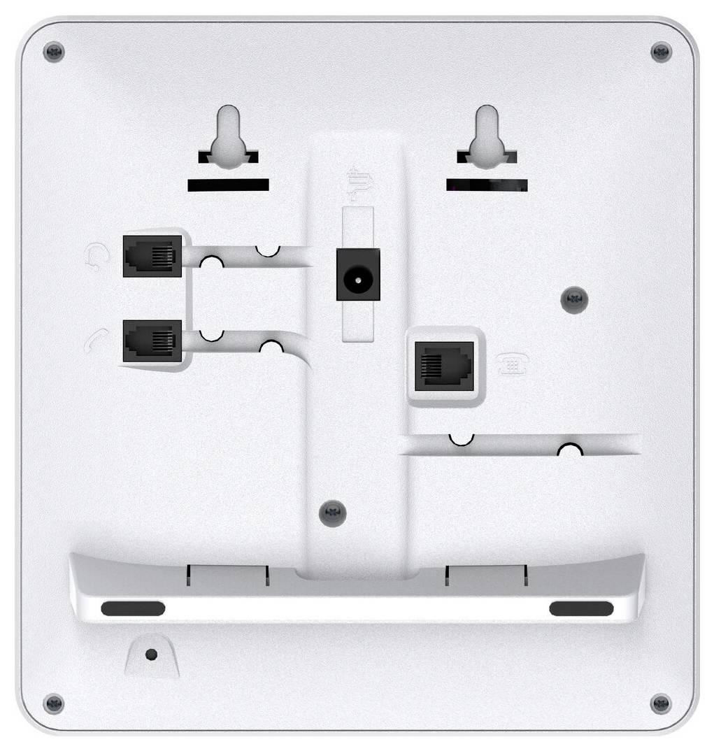 Das Bild zeigt die Rückseite eines quadratischen elektronischen Geräts mit Wandmontage-Schlitzen, drei Ethernet-Anschlüssen und zusätzlichen Anschlüssen.