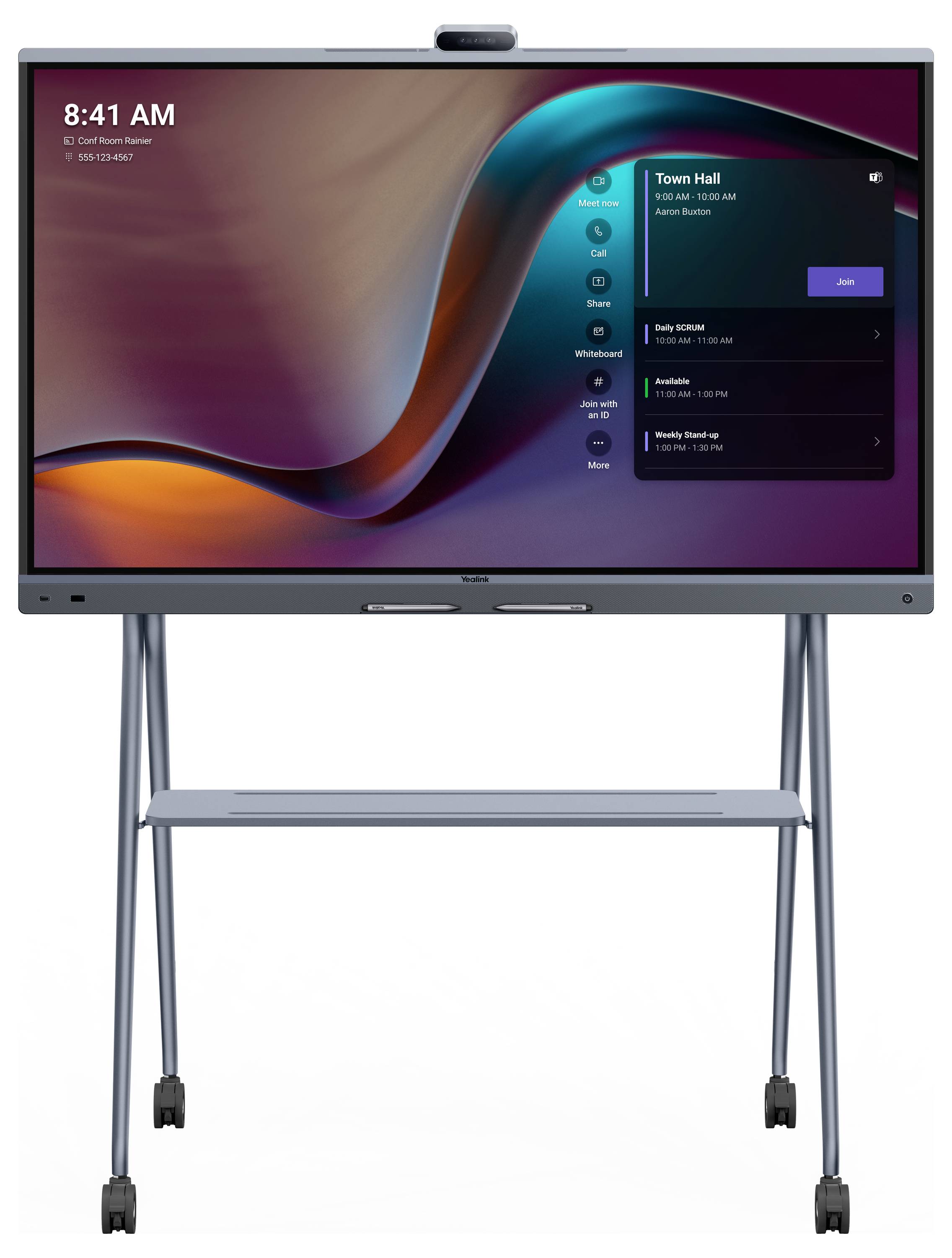 Interaktive digitale Anzeige mit einem Bildschirm, der eine "Rathaus"-Tagungsagenda zeigt, die Uhrzeit auf 8:41 Uhr eingestellt ist, und eine Option zum Beitreten.