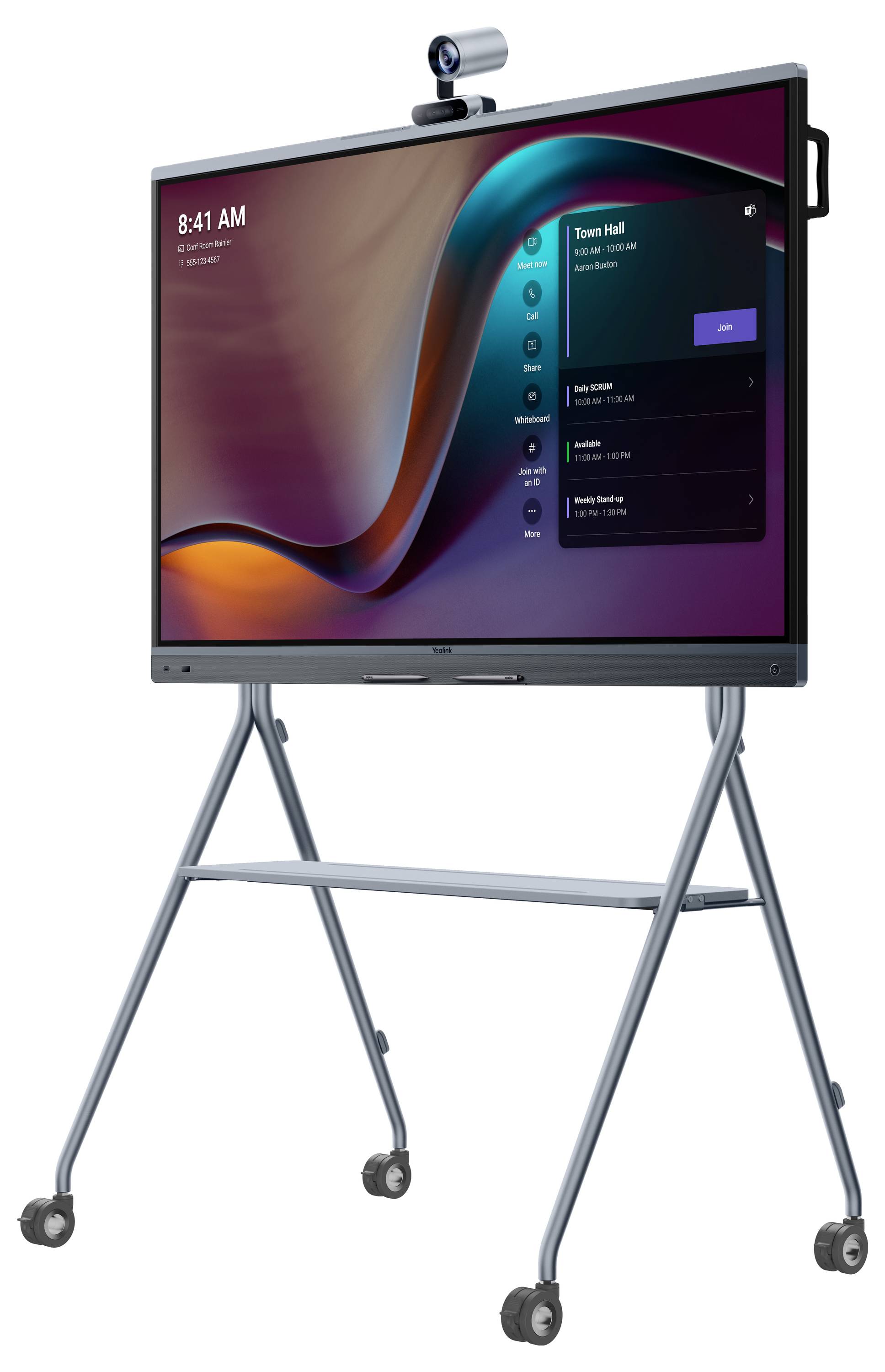 Ein intelligentes Display auf einem Ständer mit Rädern, das einen violetten und orangefarbenen welligen Hintergrund zeigt. Es zeigt einen Kalendereintrag „Town Hall" um 8:41 Uhr an.