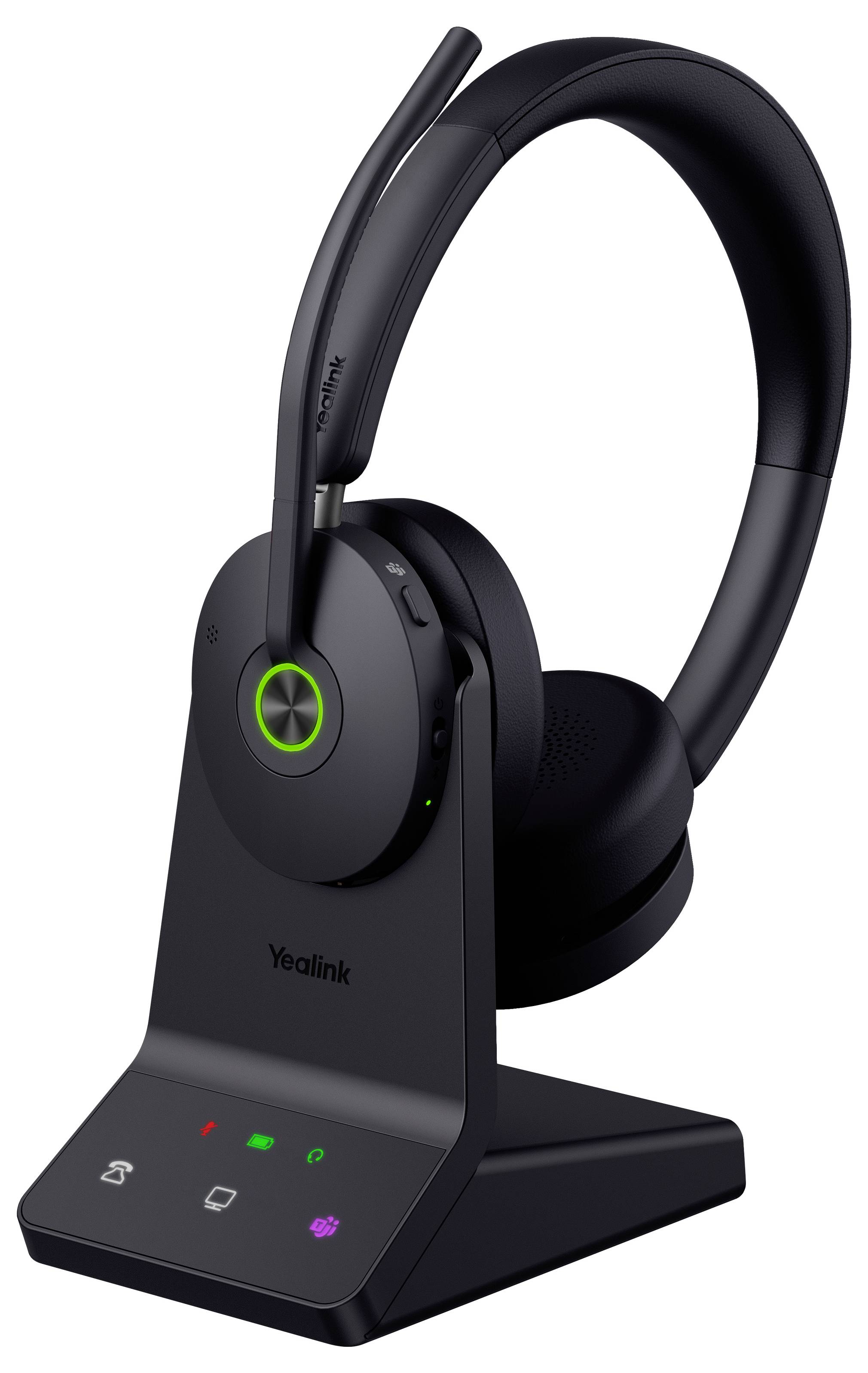 Ein schwarzes kabelloses Headset, das auf einer Ladestation sitzt. Das Headset verfügt über Over-Ear-Polster und ein Mikrofon. Eine grüne Leuchte zeigt die Konnektivität an.