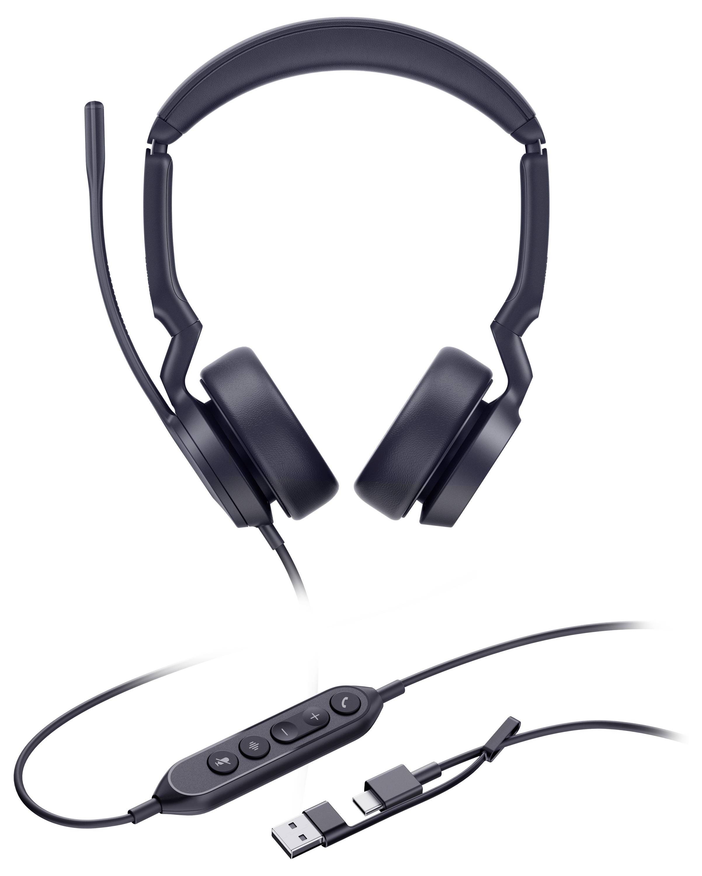 Schwarze Over-Ear-Kopfhörer mit Mikrofon, USB- und Audiobuchsen-Konnektivität. Verfügt über integrierte Bedienelemente zur Lautstärke- und Anrufsteuerung.