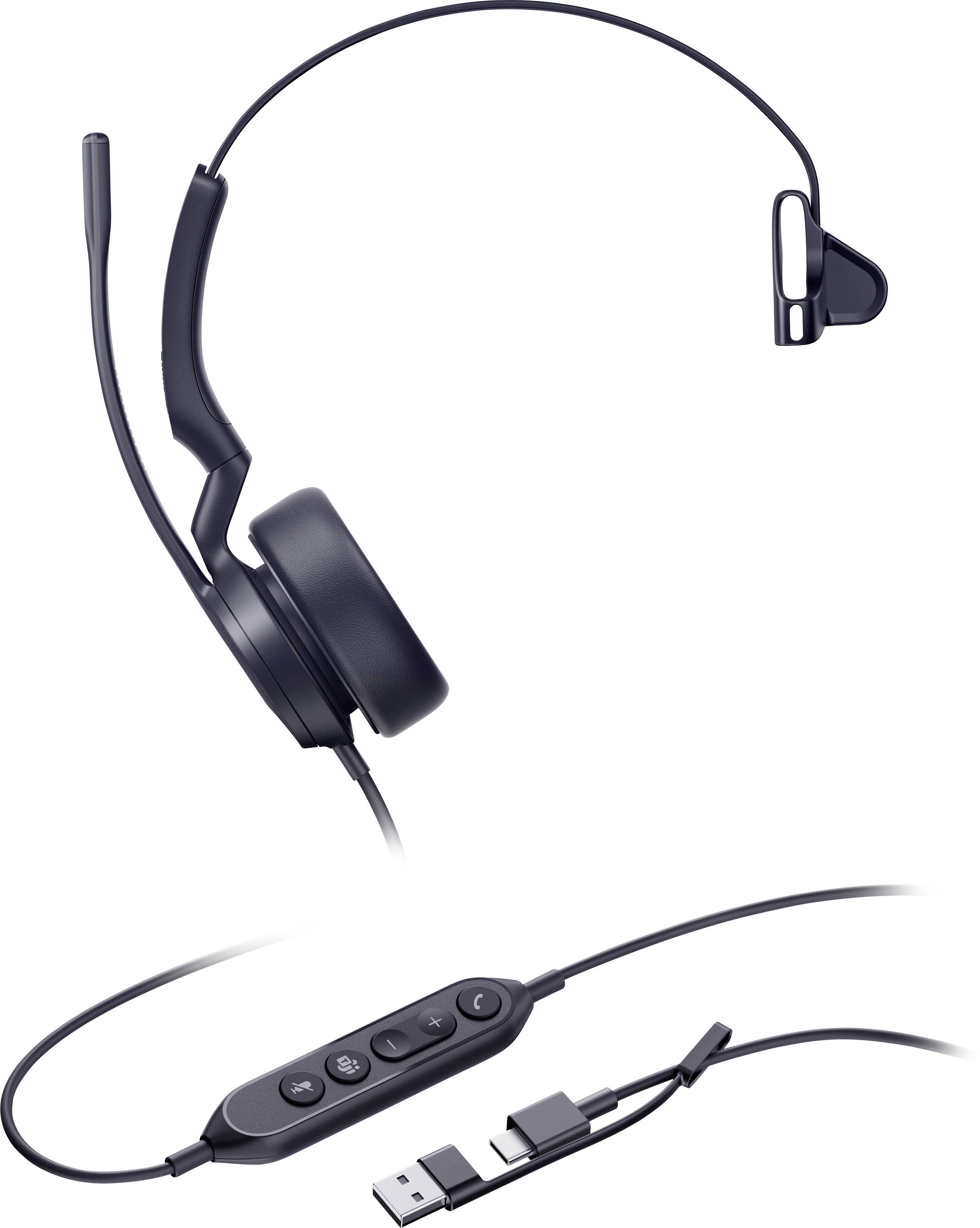 Ein schwarzes, einseitiges Headset mit Mikrofon, ausgestattet mit einer Inline-Steuerung und einer USB-Verbindung, entwickelt für die Computernutzung.