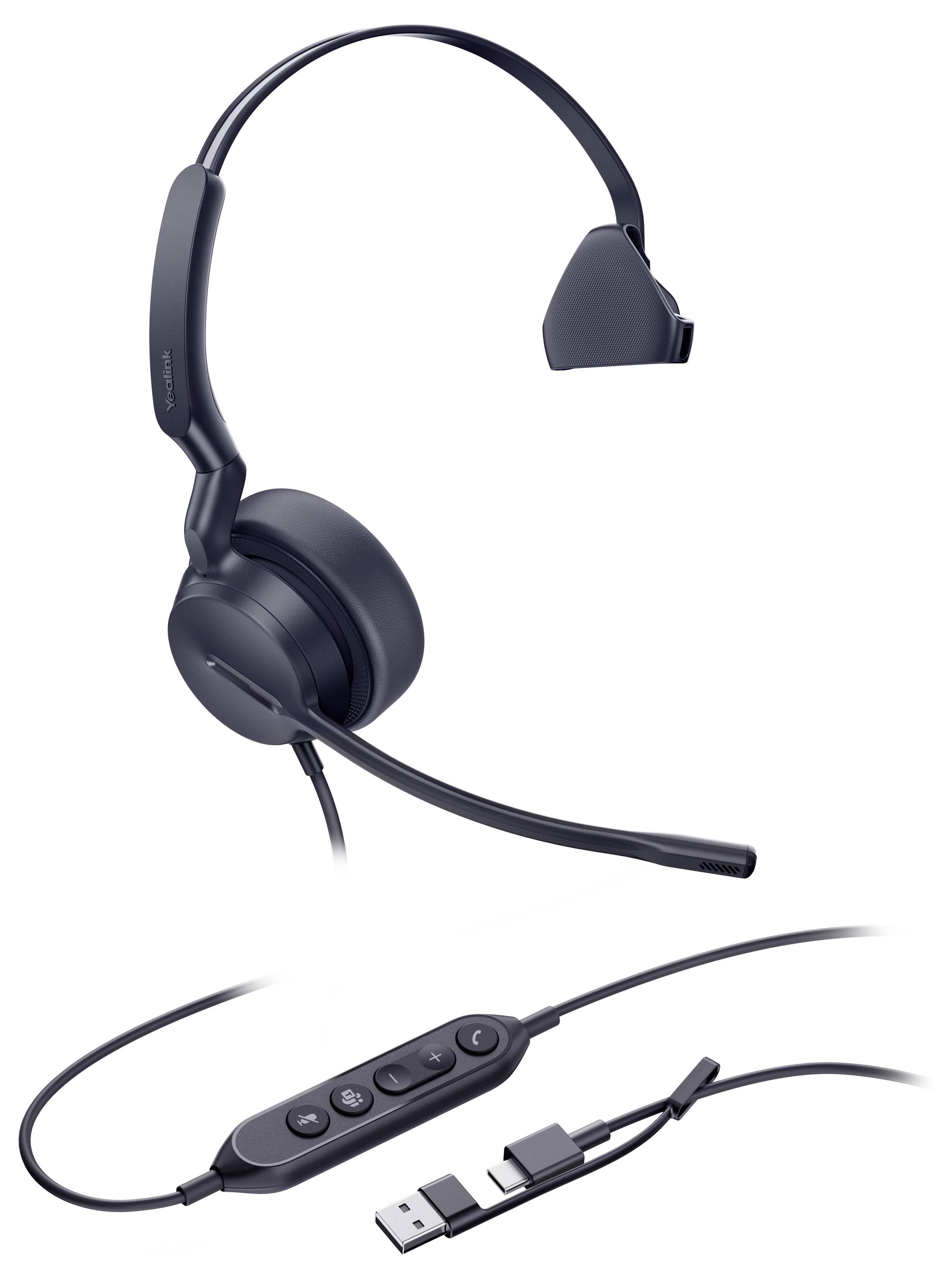 Schwarzes USB-Kopfhörer-Headset zum Überziehen über die Ohren mit Mikrofon und Inline-Steuertasten; mit USB- und Klinkenstecker.