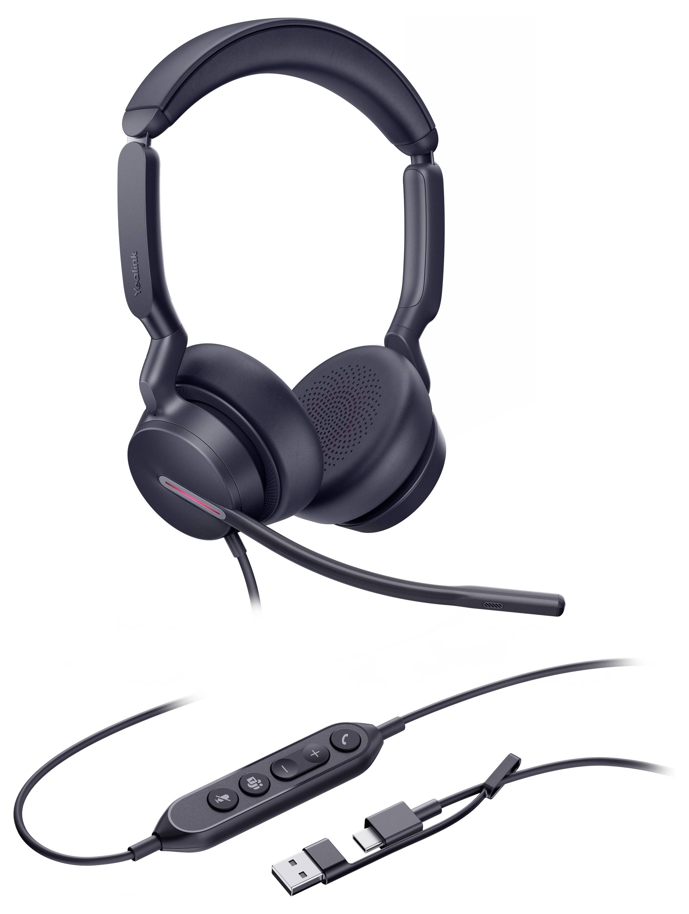 Ein schwarzes Over-Ear-Headset mit gepolstertem Kopfbügel und Mikrofon, ausgestattet mit Inline-Bedienelementen auf einem Kabel mit USB- und USB-C-Anschlüssen.