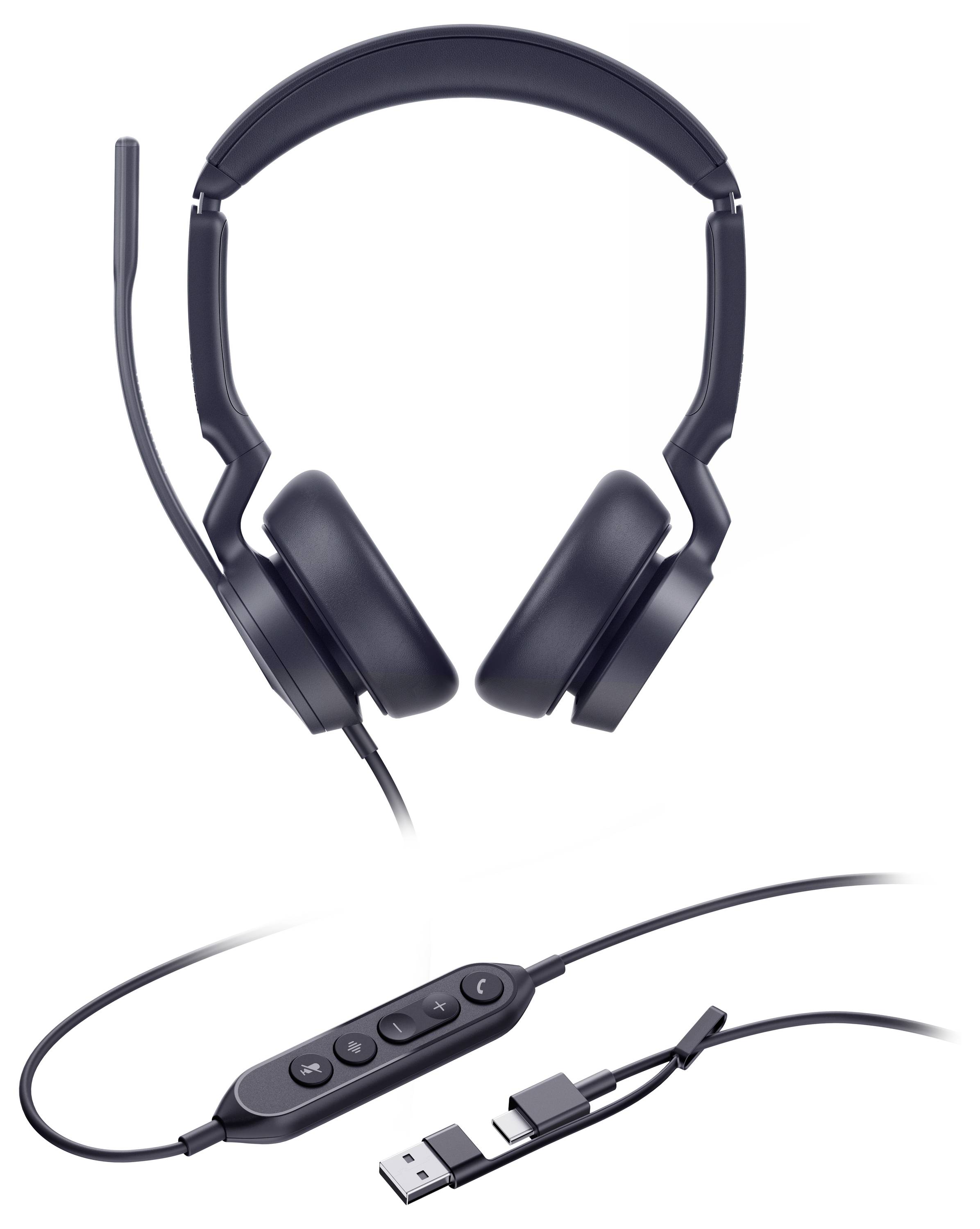 Ein schwarzes USB-Headset mit angeschlossenem Mikrofon und integriertem Bedienfeld mit Lautstärkereglern.