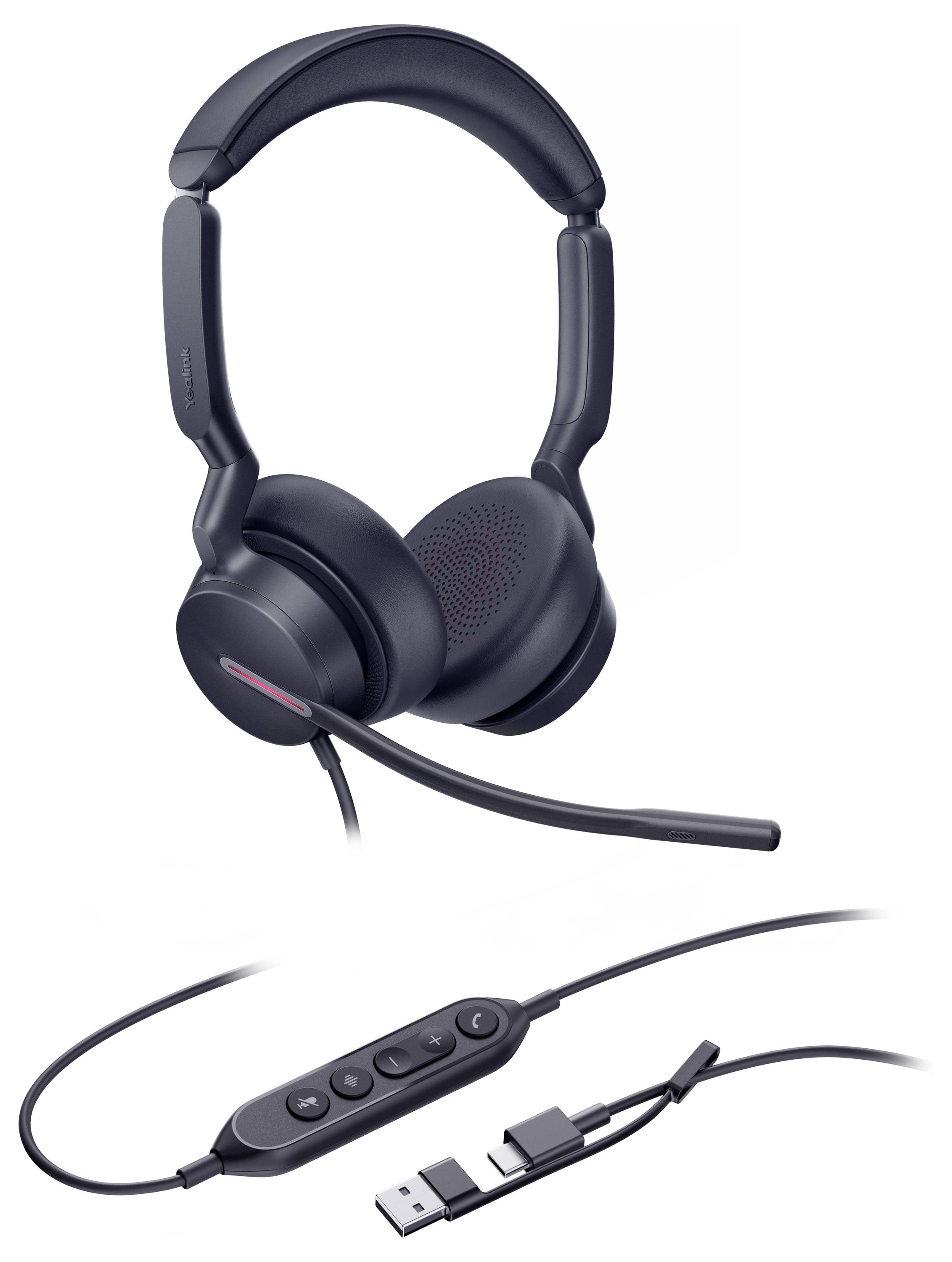 Ein schwarzes Over-Ear-Kopfhörer-Set mit Mikrofon, USB- und USB-C-Anschlüssen sowie integrierte Steuerungen für Lautstärke und Anrufverwaltung.