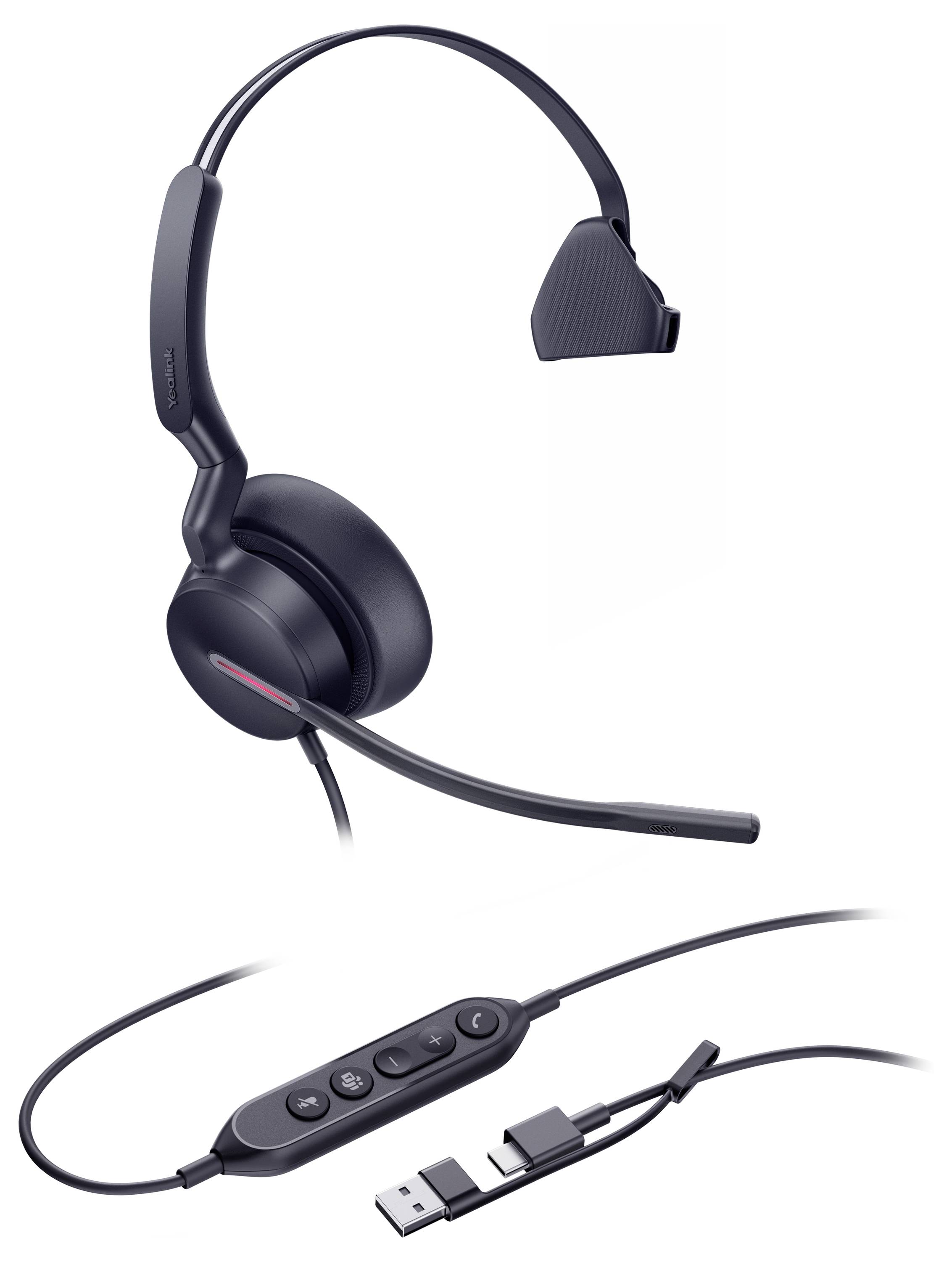 Schwarzes Over-the-Ear-Headset mit Mikrofon, mit einer Inline-Steuerung mit Tasten für Lautstärke, Anrufverwaltung und einen USB-Anschluss.