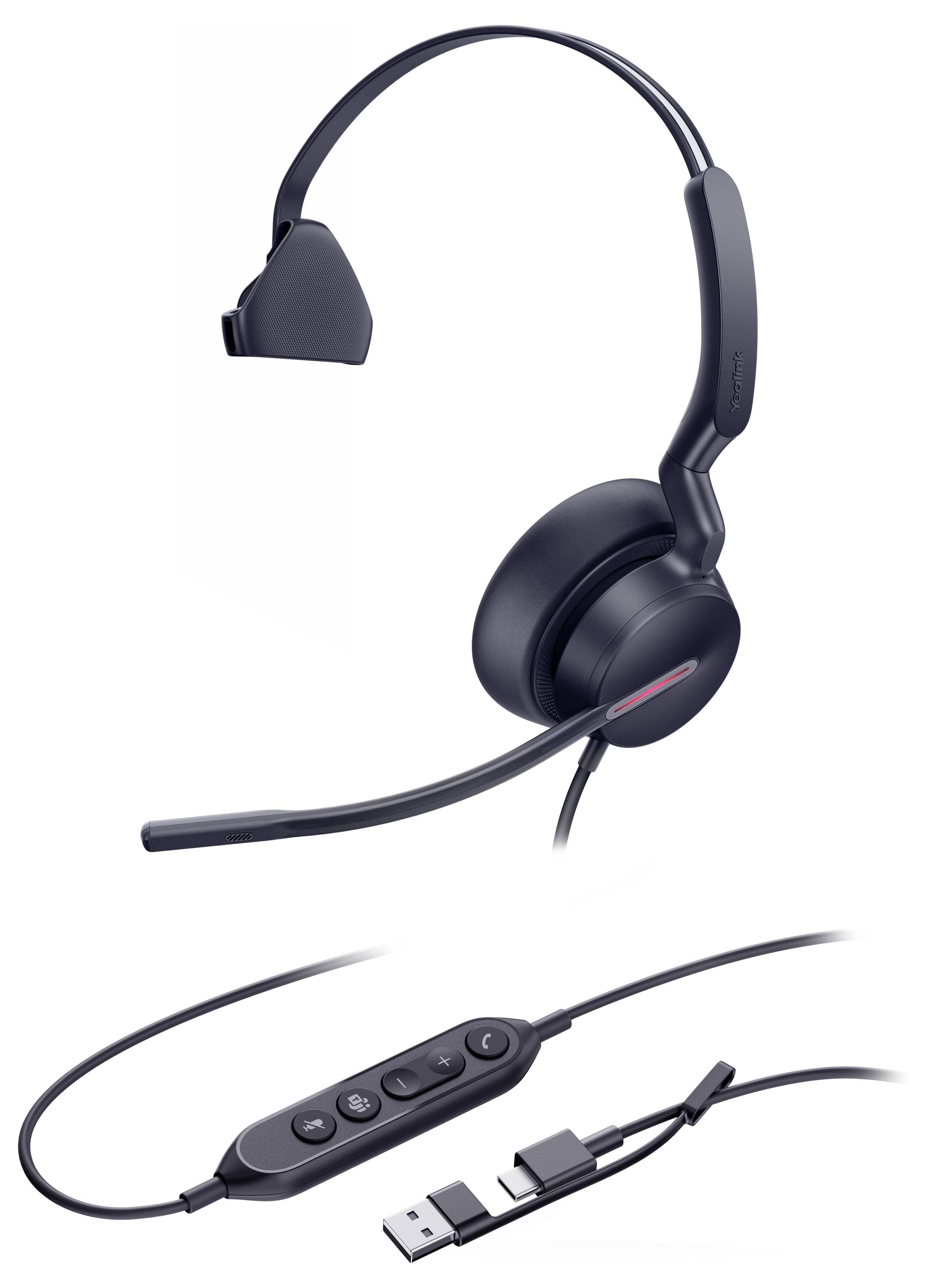 Ein schwarzes Dual-Ear-Headset mit USB-A- und USB-C-Anschluss, ausgestattet mit einer integrierten Bedienungstafel zur Lautstärke- und Anrufverwaltung.