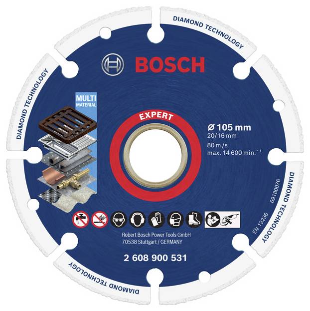 Bosch Diamanttrennscheibe; Serie 'Expert' für Mehrschicht-Material. Spezifikationen: Ø 105 mm, 80 m/s, max 14.600 min⁻¹. Geeignet für verschiedene Materialien.