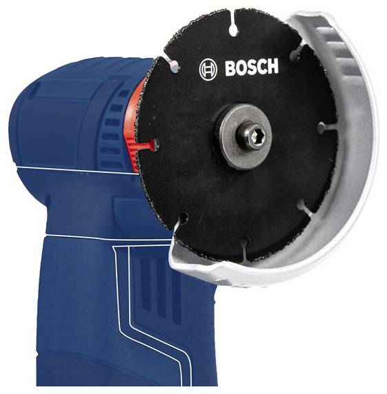 Bosch-Winkelschleifer mit schwarzer Schneidscheibe und Schutzvorrichtung.