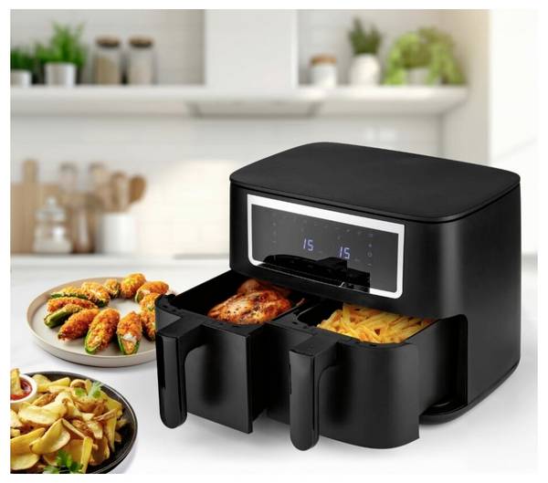 GourmetMaxx GOURMETmaxx Heißluft-Fritteuse Doppelkorb 2x 4l schwarz matt/Edelstahl Heißluft-Fritteuse 8 l 2600 W  Schwarz