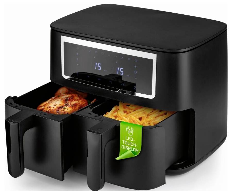 Ein schwarzer Heißluftfritteuse mit Doppelschublade wird gezeigt. Die linke Schublade enthält gebratenes Hähnchen, und die rechte enthält Pommes. Eine Beschriftung lautet „LED-Touchdisplay".