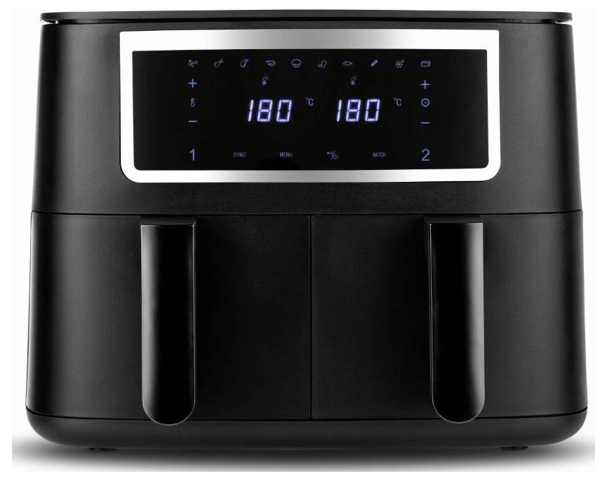 Ein schwarzer Doppelkorb-Luftfritteusen-Backofen mit digitaler Anzeige, die Temperatureinstellungen auf „180°C" gesetzt zeigt. Zwei Fächer mit Griffen sind sichtbar.