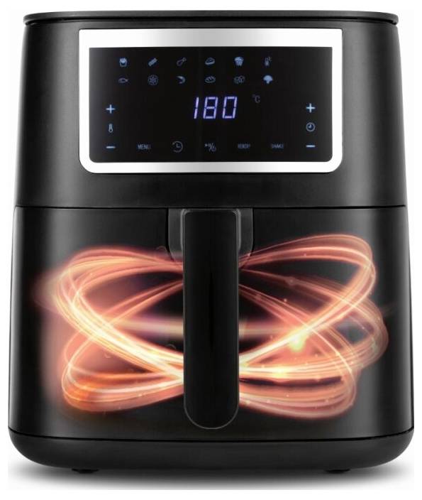 Ein schwarzer Heißluftfryer mit digitaler Anzeige, die „180" anzeigt, und Symbolen für Einstellungen. Orange Lichtwirbel deuten auf den Heißluftgarungsprozess hin.