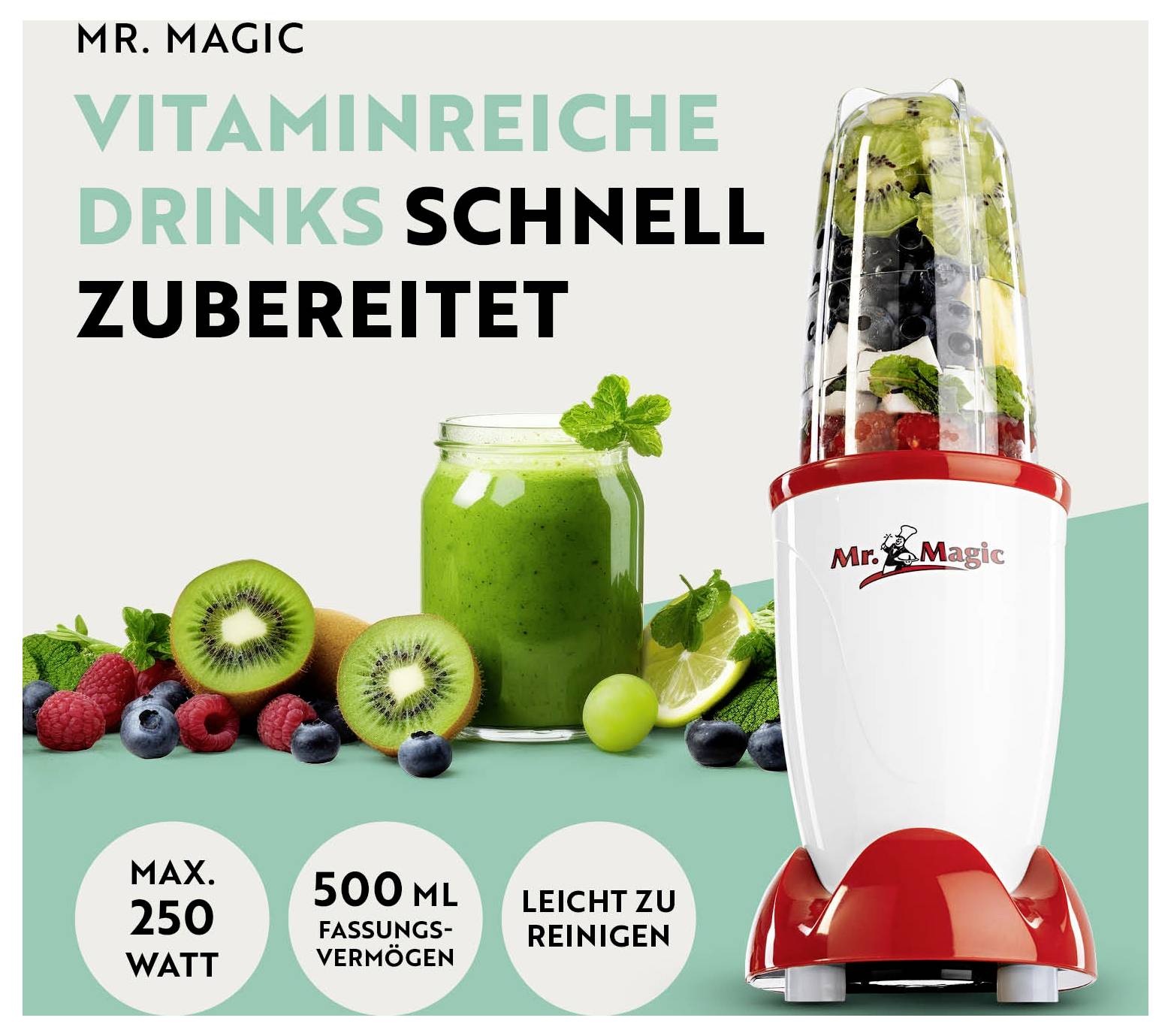 Ein kraftvoller Mixer ist von frischen Früchten und einem Glas grünem Smoothie umgeben. Der Text hebt „Vitaminreiche Drinks Schnell Zubereitet" hervor und enthält Merkmale wie „Max. 250 Watt", „500 ml Fassungsvermögen", „Leicht zu Reinigen".